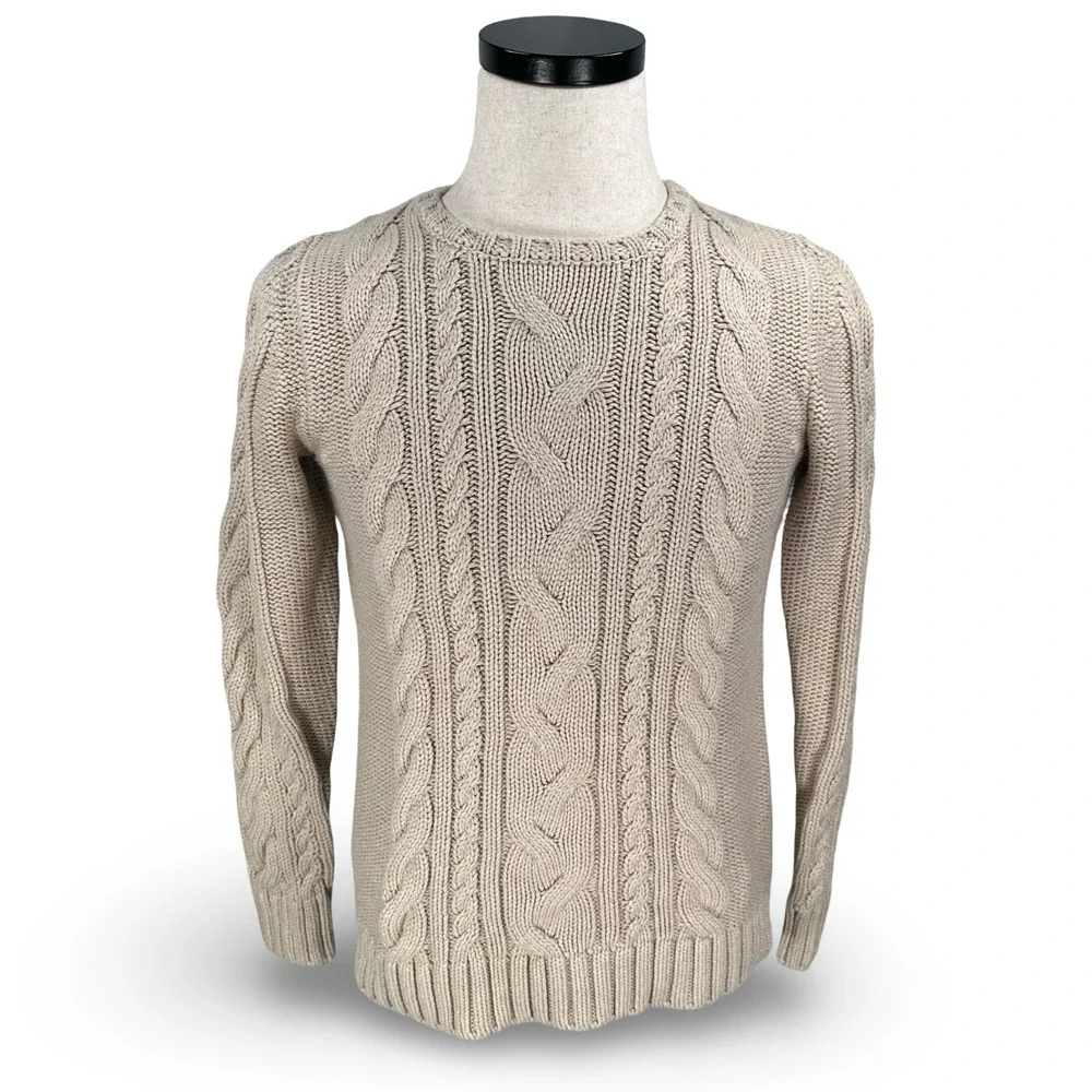 LL Bean Cable‎ Knit Sweater Women’s Medium Beige Tan Cotton Long Sleeve Pullover
